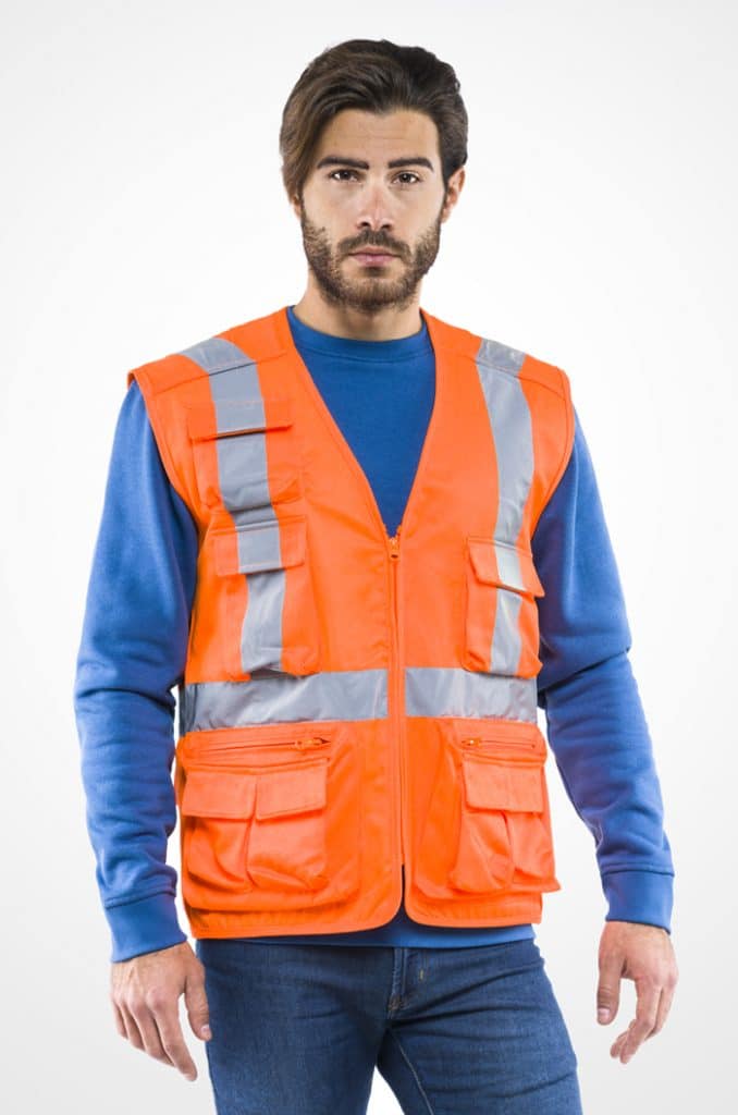 GILET ALTA VISIBILITA'CON TASCHE + CERNIERA, ARANCIONE