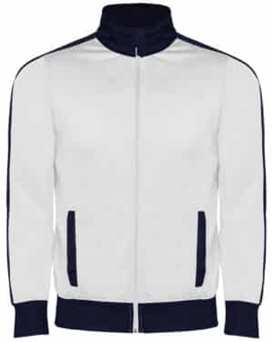 0338 esparta roly | tuta completa | giacca + pantalone | bianco/blu navy | 100% poliestere | acetato liscio | con tasche | zi p intera |210gr/m2 |