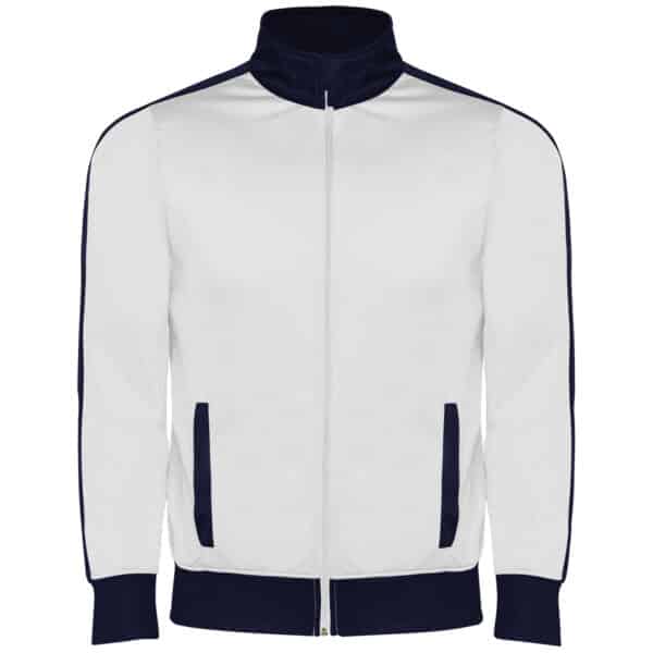 0338 esparta roly | tuta completa | giacca + pantalone | bianco/blu navy | 100% poliestere | acetato liscio | con tasche | zi p intera |210gr/m2 |